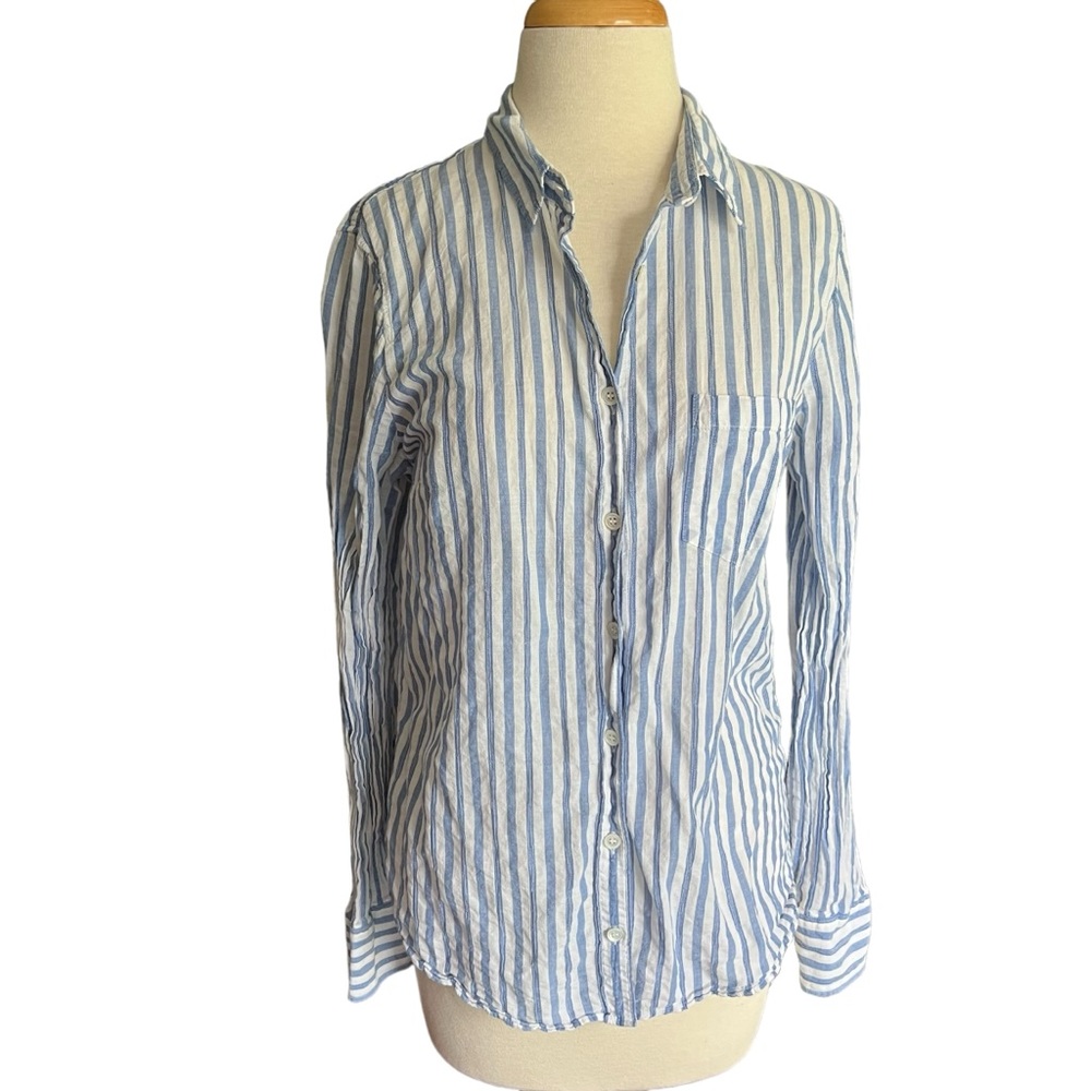 J Crew Boy Crinkle Fit Blue and Whir Striped Long Sleeve Shirt